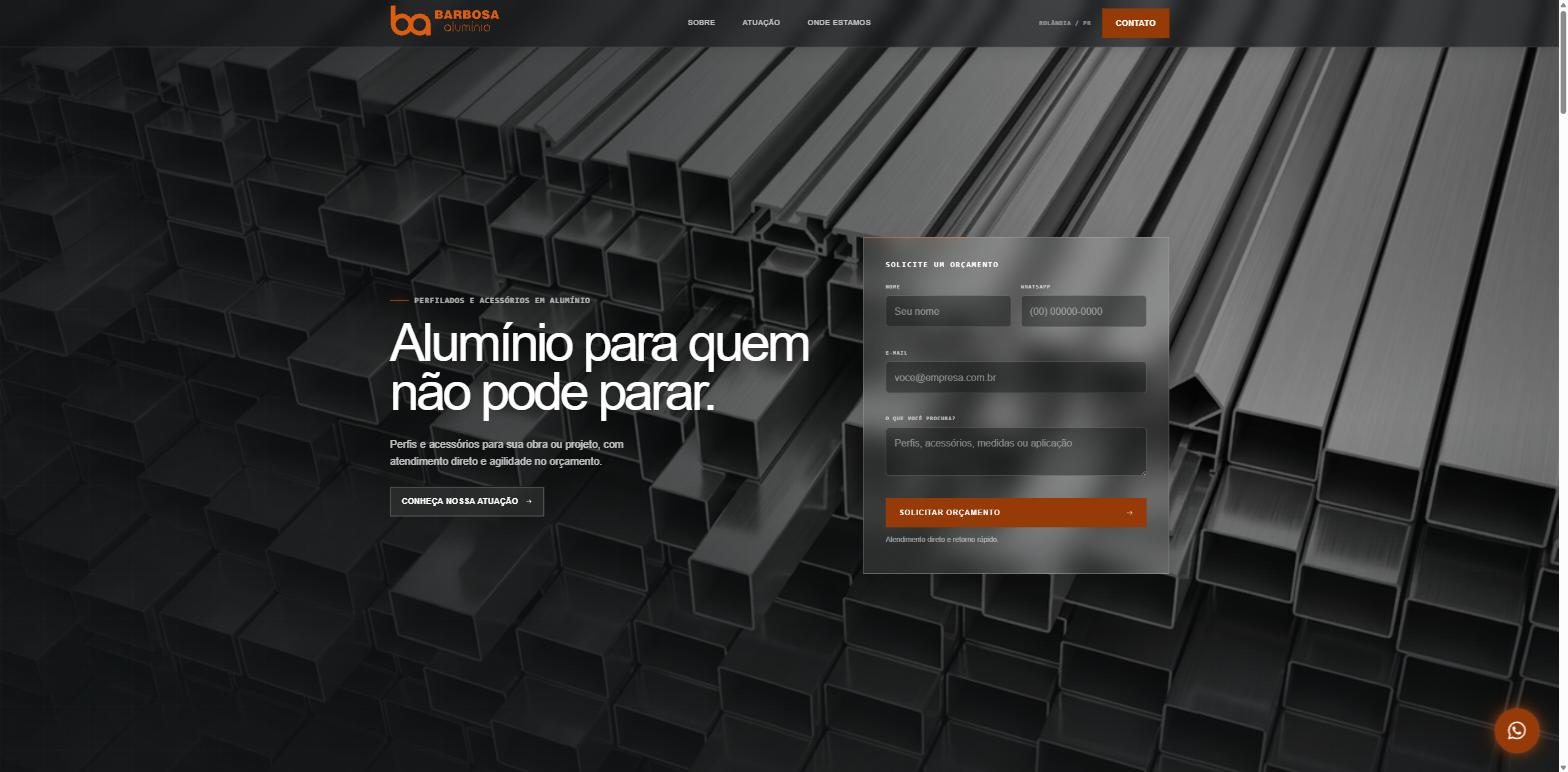 Página inicial do site da Barbosa Alumínio