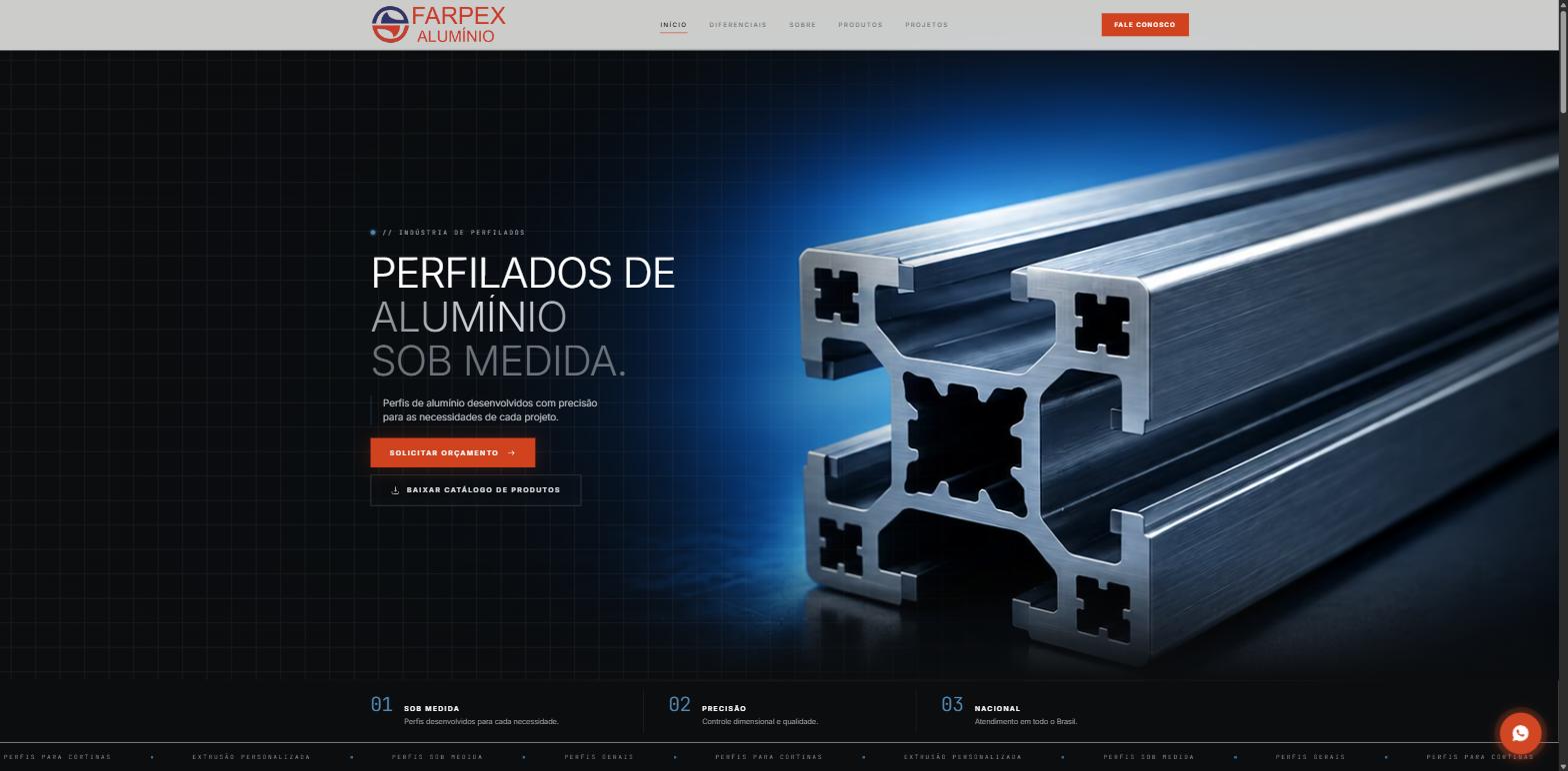 Página inicial do site da Farpex Alumínios