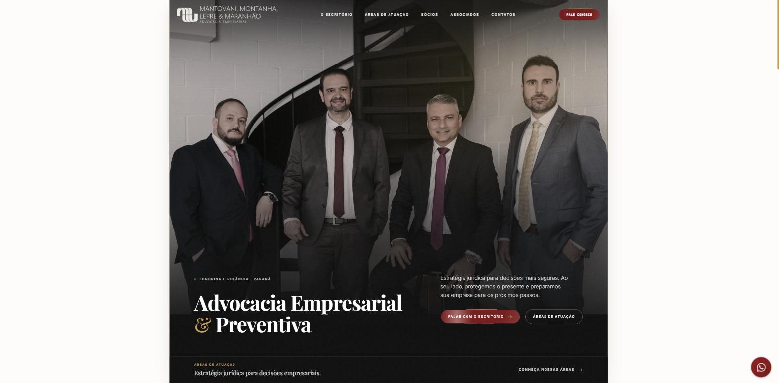 Página inicial do site do escritório Mantovani, Montanha, Lepre & Maranhão
