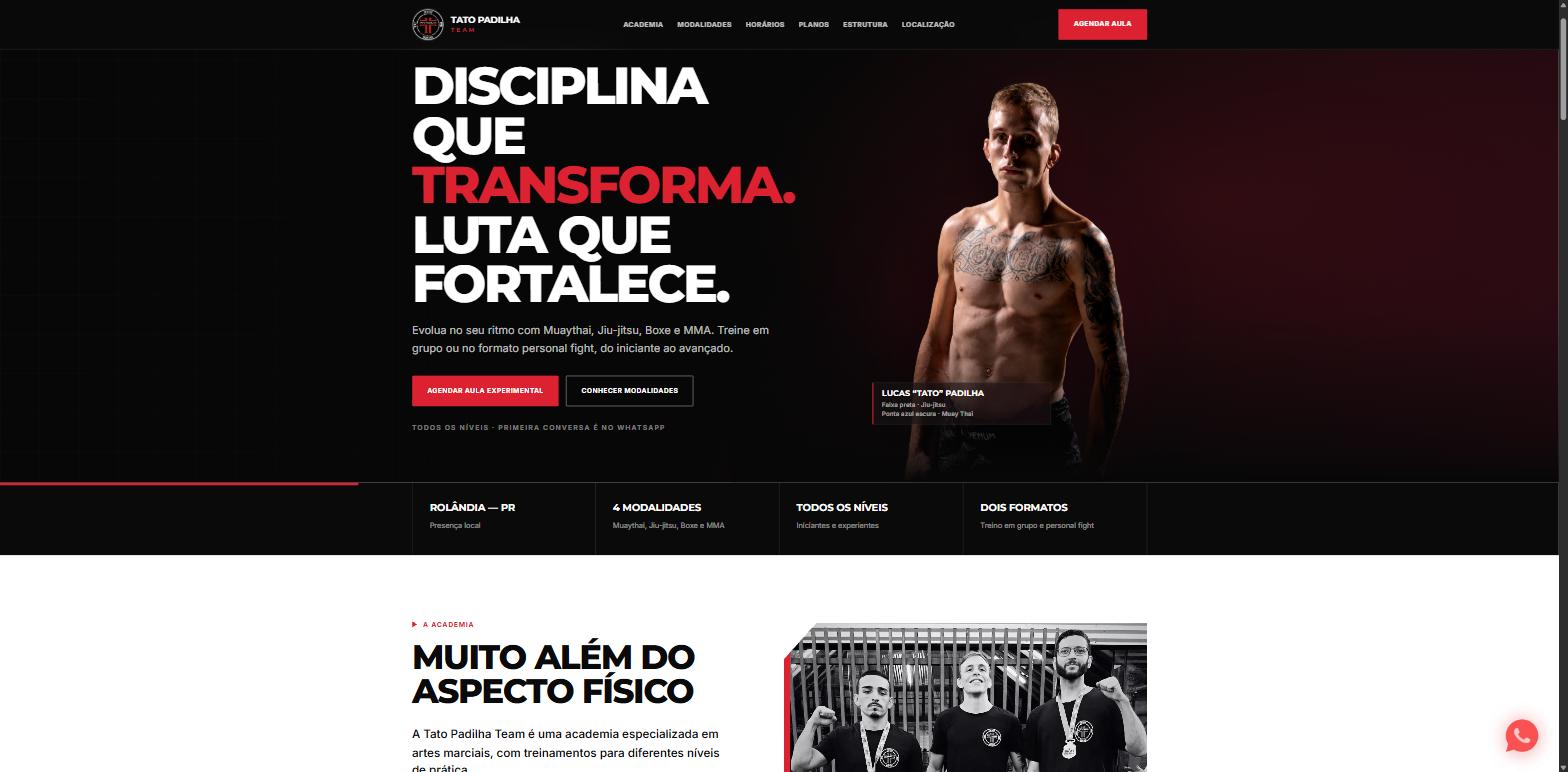 Página inicial do site da academia de artes marciais Tato Padilha Team